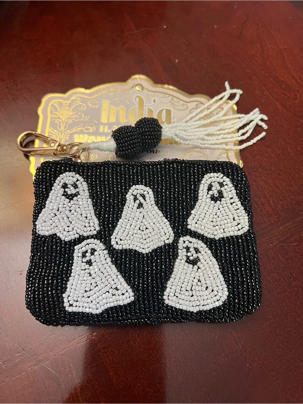 Wandering Moon Beaded Wallet - Black with White Ghosts